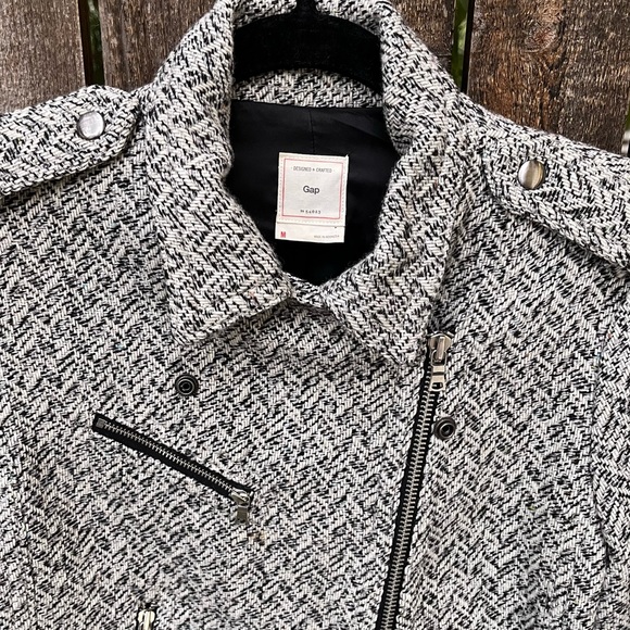 Gap Wm’s Wool Blend Herringbone Moto Zip Up Jacket In White Gray Black Sz M - Picture 3 of 16